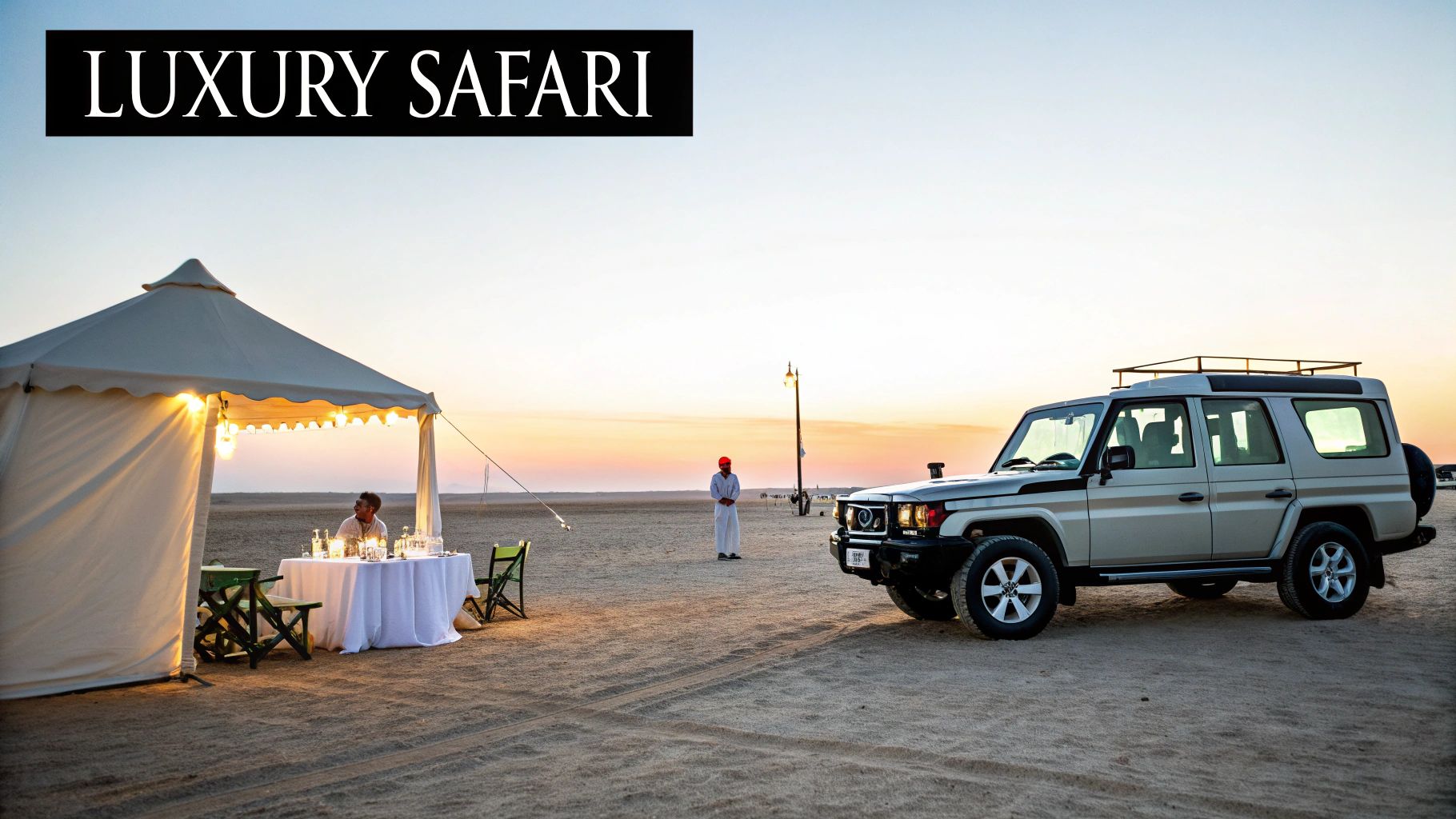 A luxury desert safari dinner setup with a tent, guests, and a safari jeep at sunset.