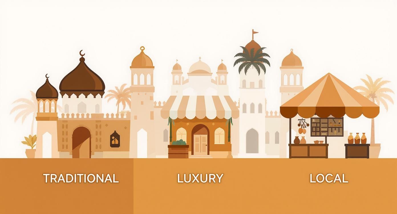 Illustration of Dubai marketplace showing traditional mosques, luxury buildings, and local market stalls with palm trees