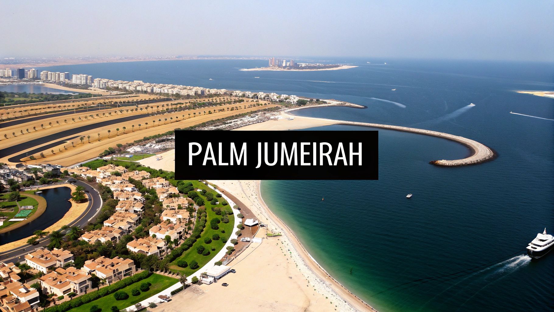 Aerial view of Palm Jumeirah in Dubai, showcasing its unique palm-shaped artificial islands and coastline.