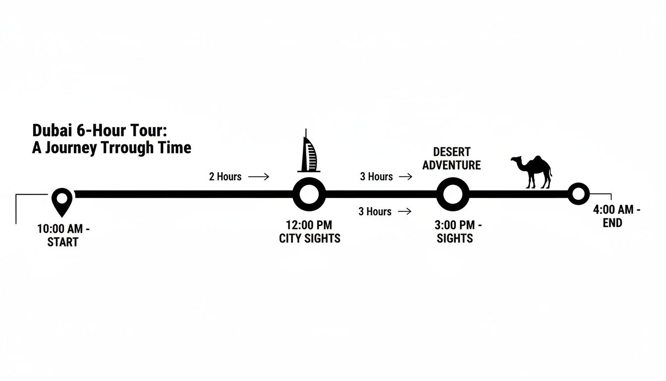 A black and white timeline illustrating a 6-hour Dubai tour schedule with key stops.