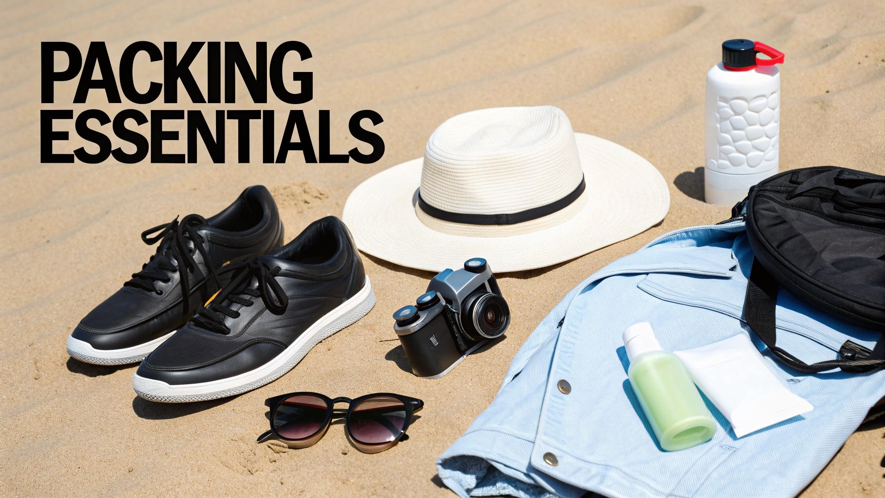 A collection of packing essentials including shoes, hat, camera, sunglasses, water bottle, and clothing laid on sand.