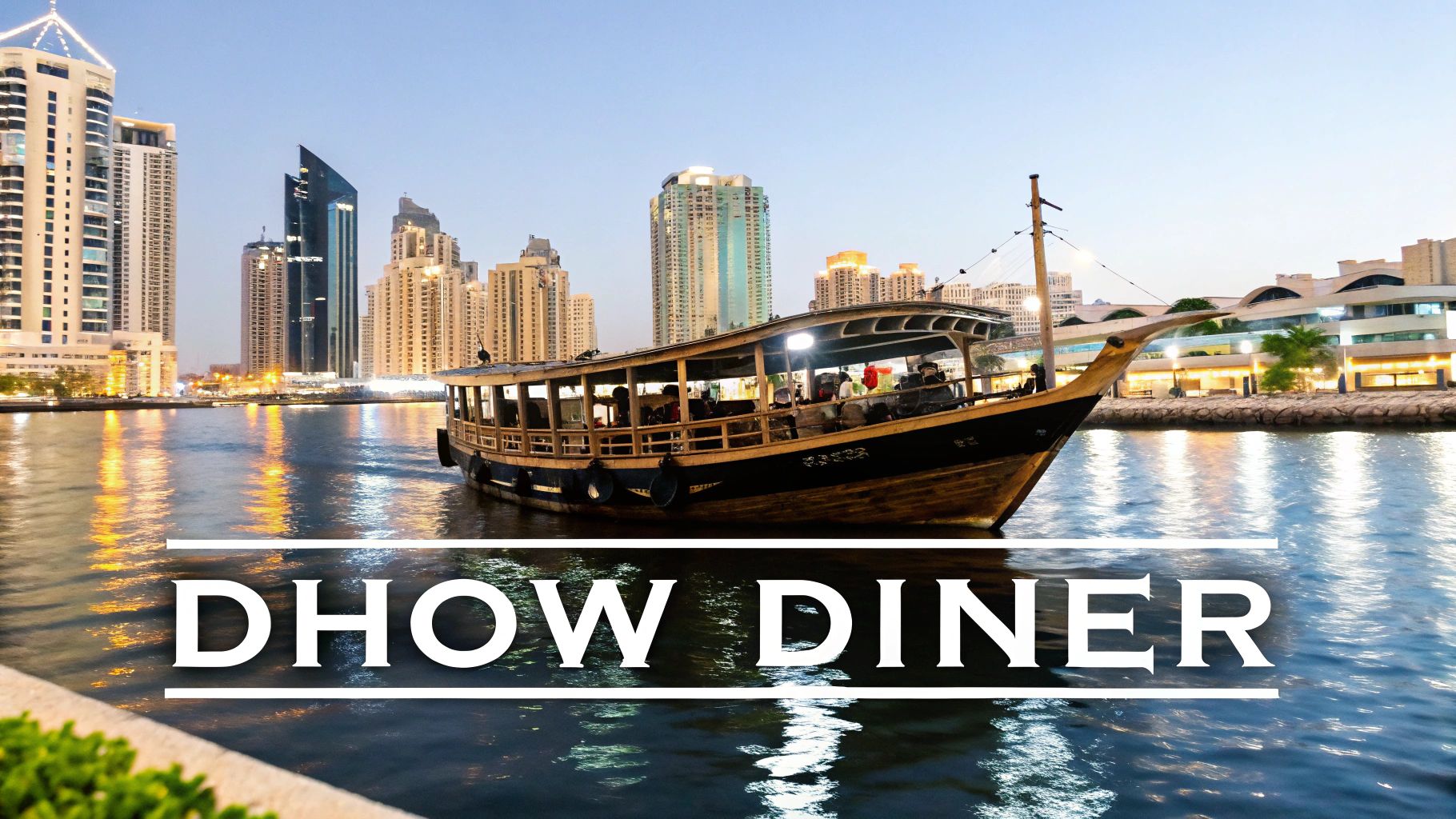 A traditional Dhow diner boat cruises along the illuminated Dubai Marina skyline at dusk.