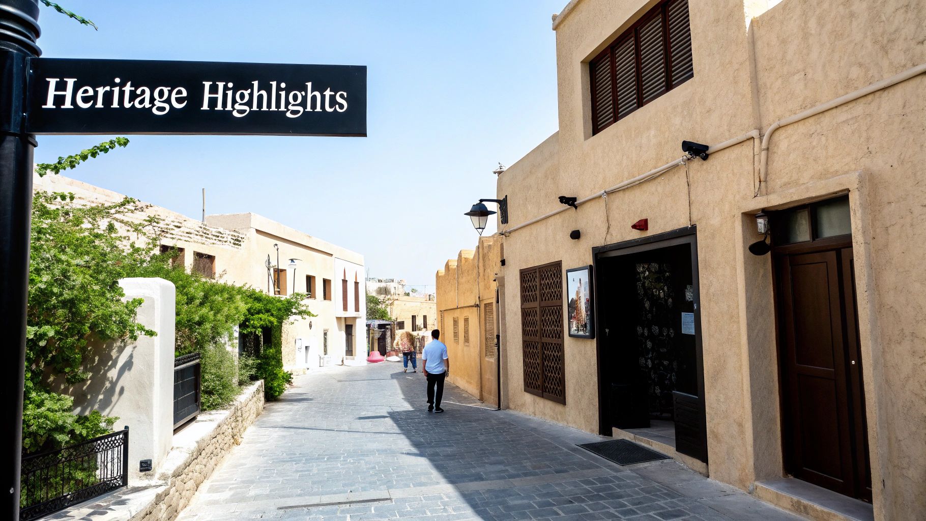 Traditional heritage district street with historic sand-colored buildings and Heritage Highlights sign in Dubai