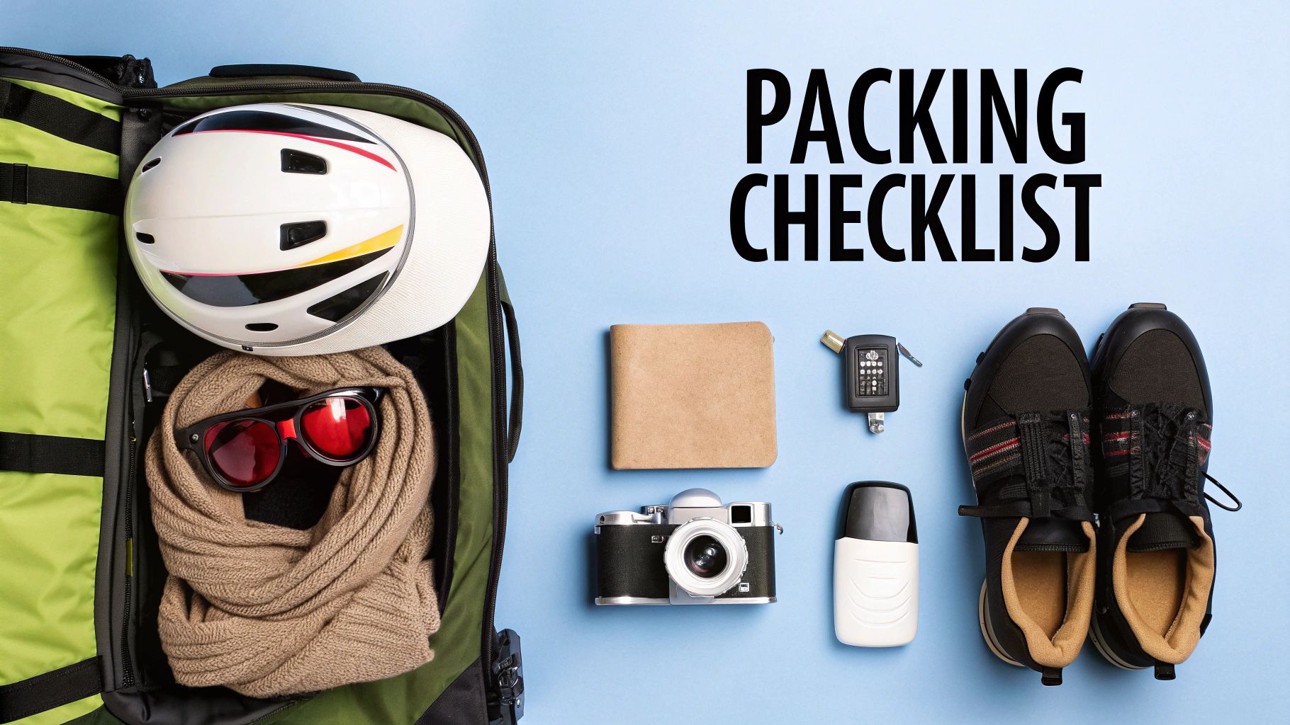 Overhead view of a packing checklist, showing a suitcase with a helmet, scarf, sunglasses, camera, shoes, and wallet.