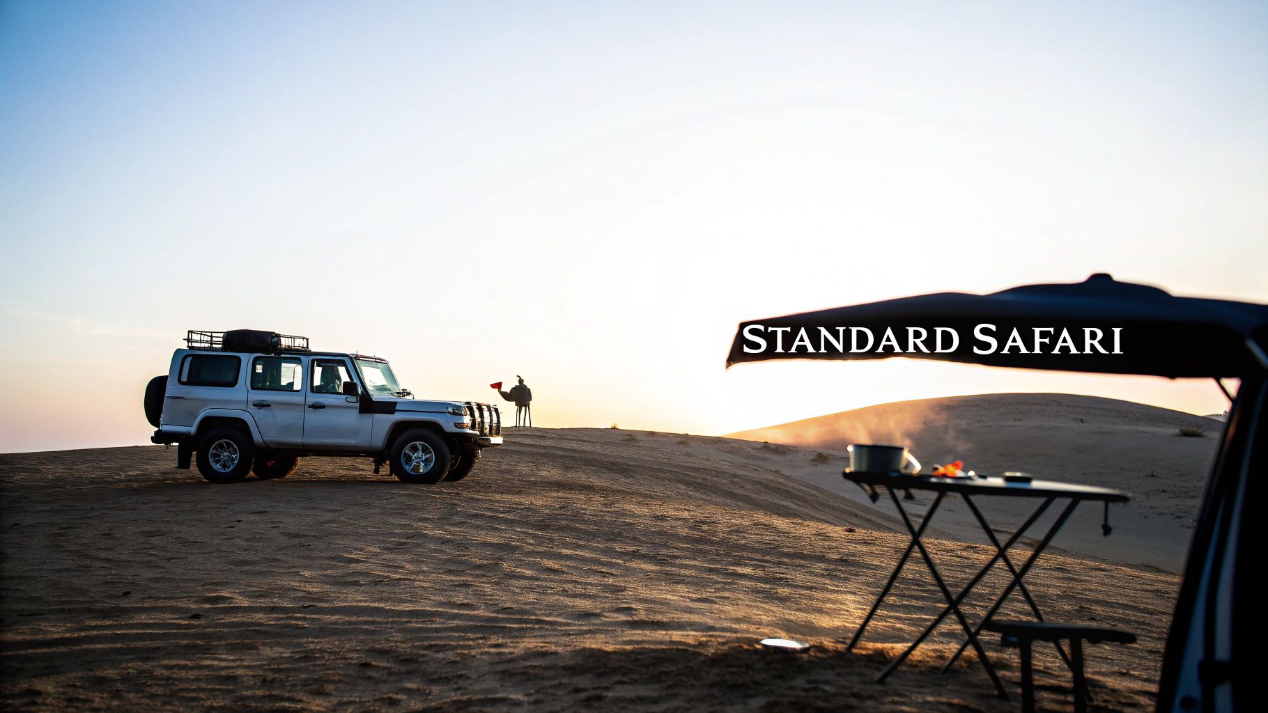 Desert safari scene with a 4x4 vehicle, camel, and outdoor cooking at dusk.
