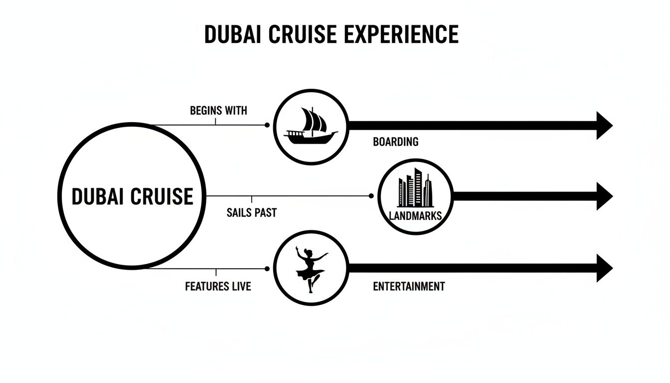 Diagram illustrating the Dubai cruise experience, detailing boarding, landmarks, and entertainment.