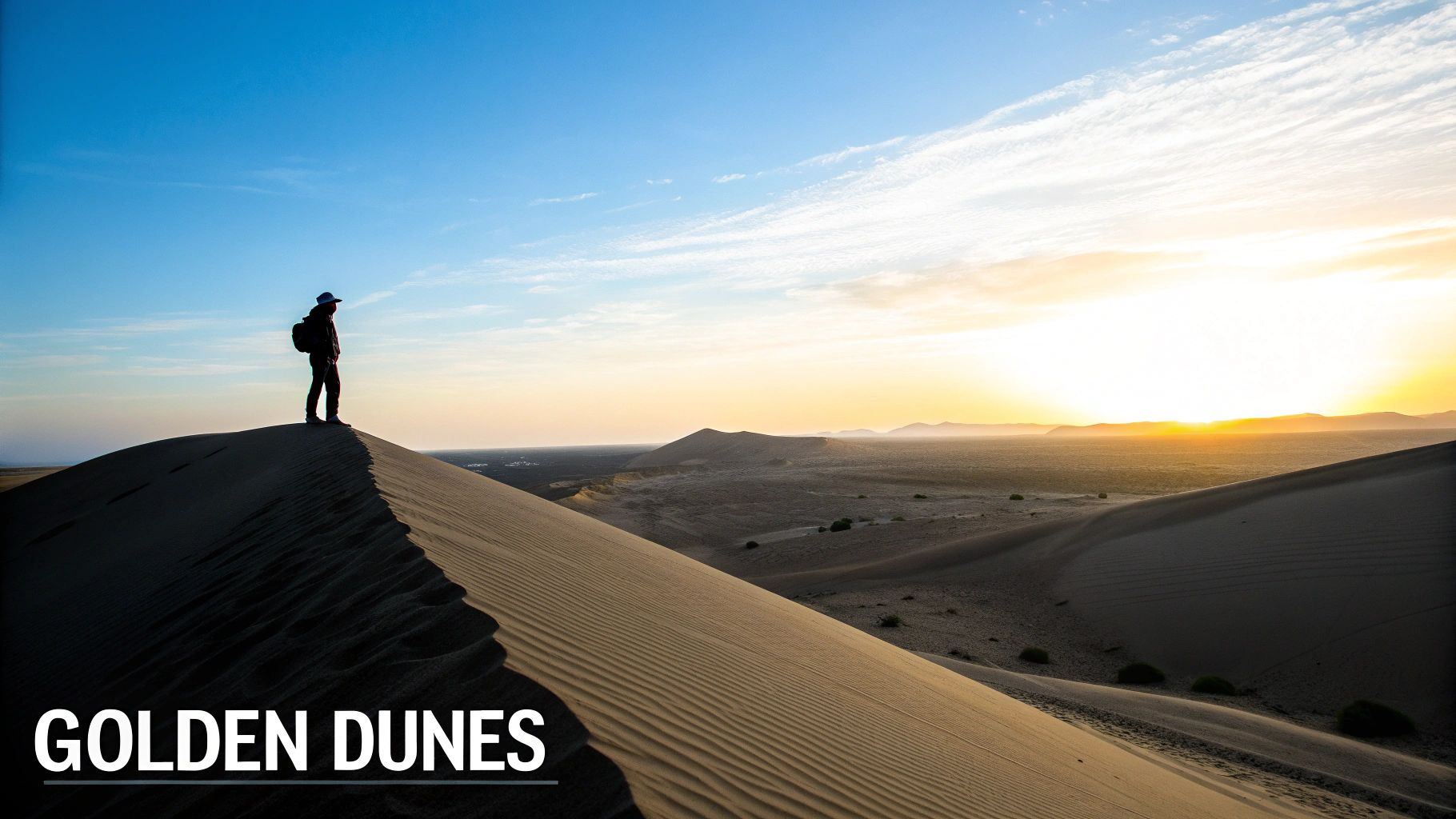 Hiker standing on golden sand dune ridge at sunset in Dubai desert landscape