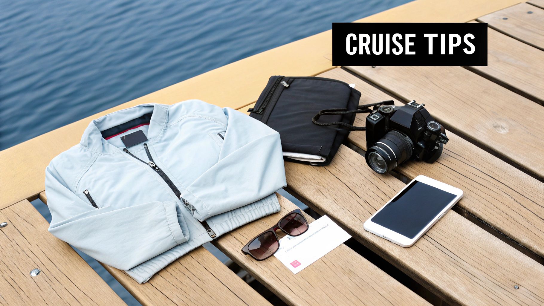 Travel essentials for a cruise, including a jacket, camera, phone, and sunglasses, on a wooden deck.