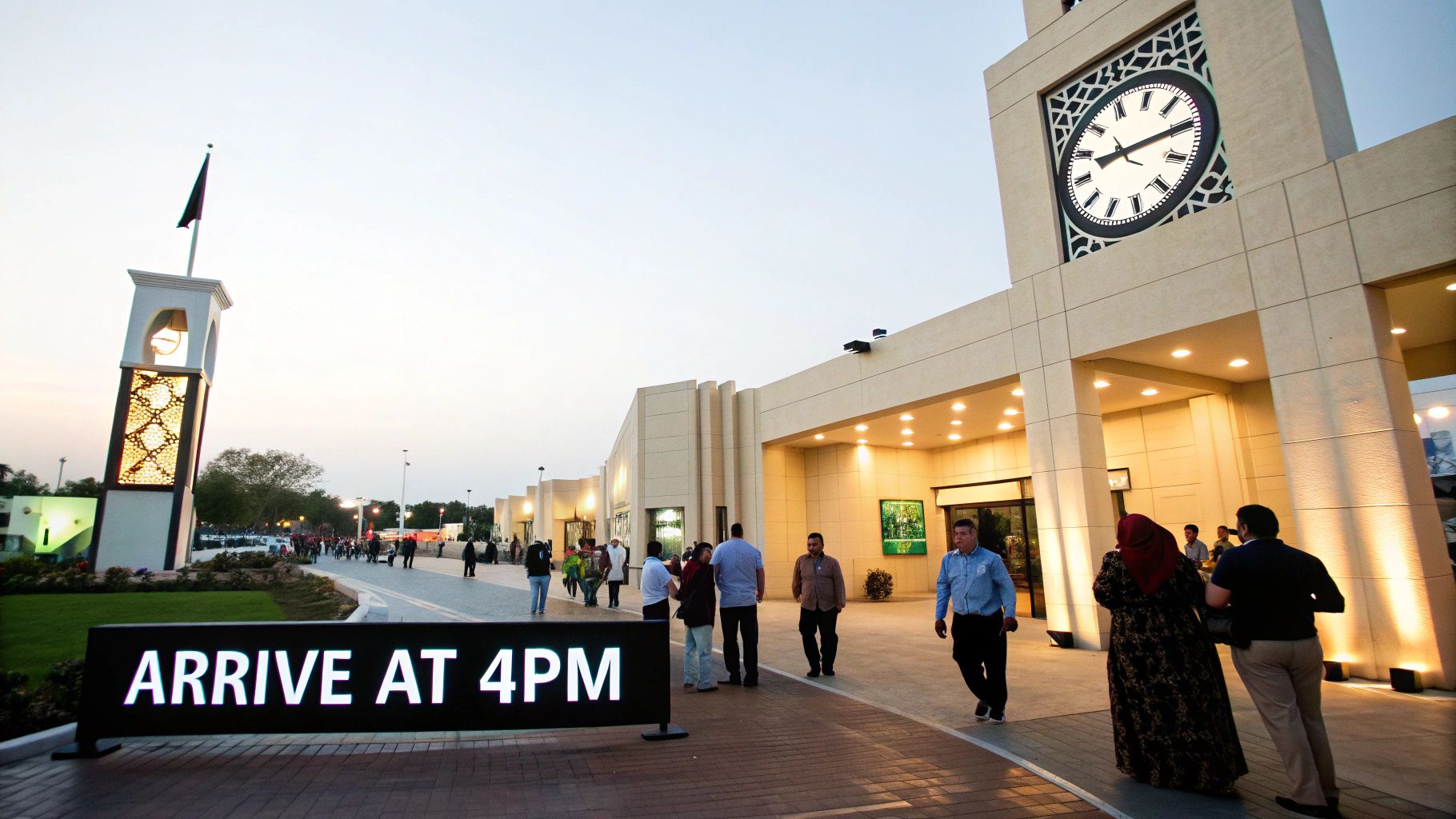 People walk past a clock tower and a sign reading 'ARRIVE AT 4PM' at an outdoor venue.