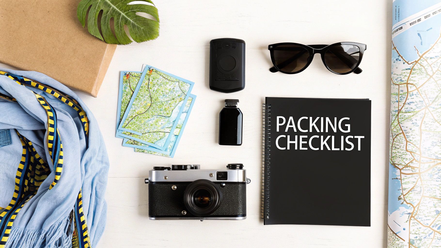 Flat lay of travel essentials including camera, maps, sunglasses, and packing checklist on a white table.