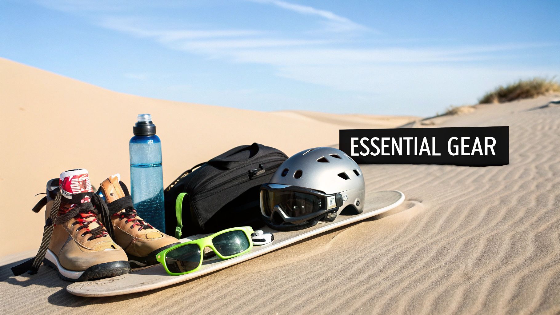 Essential sandboarding gear laid out on a desert dune, including a board, boots, helmet, and water bottle.