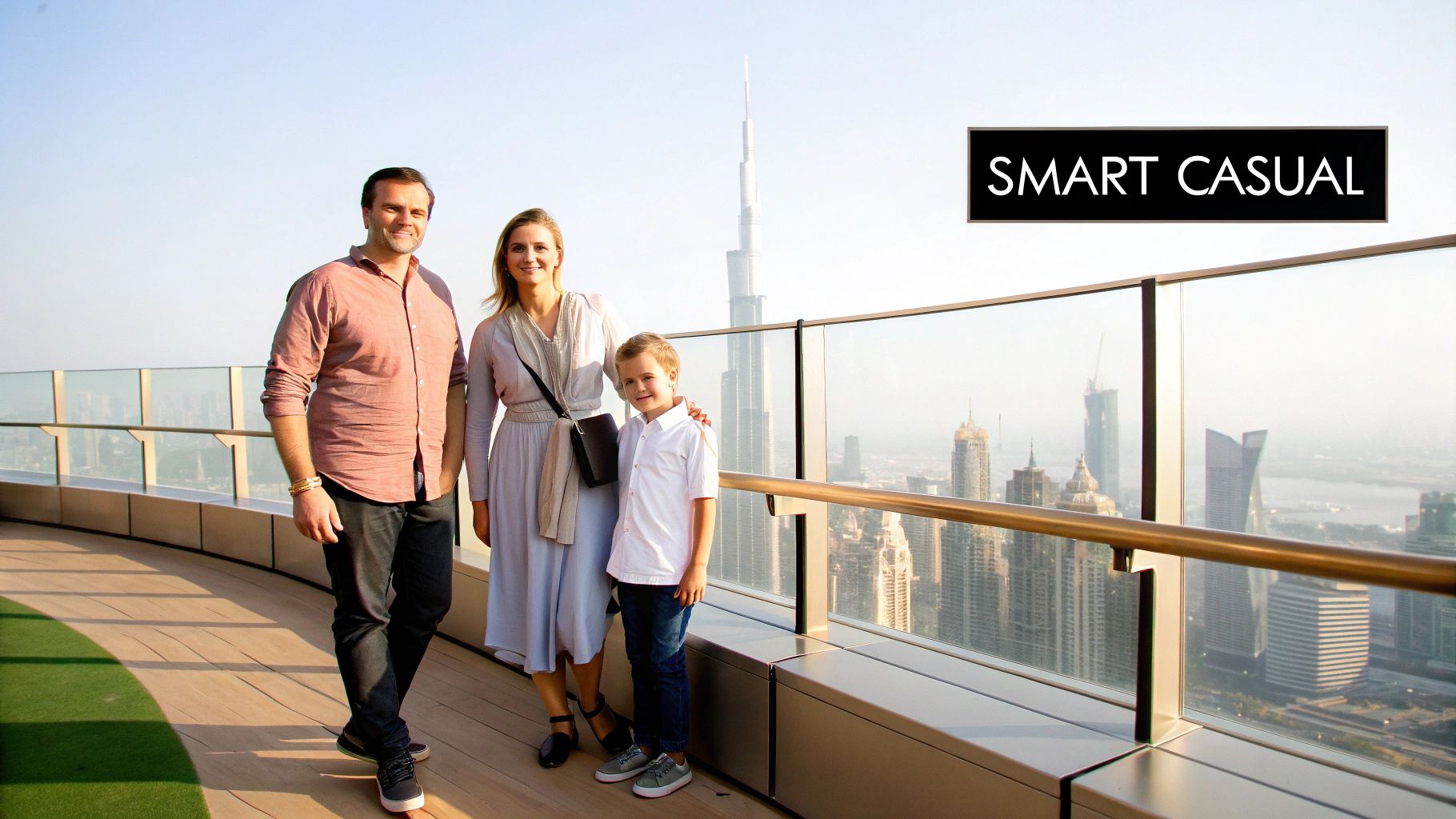 A family of three, a man, woman, and child, posing on a rooftop in Dubai with the Burj Khalifa.