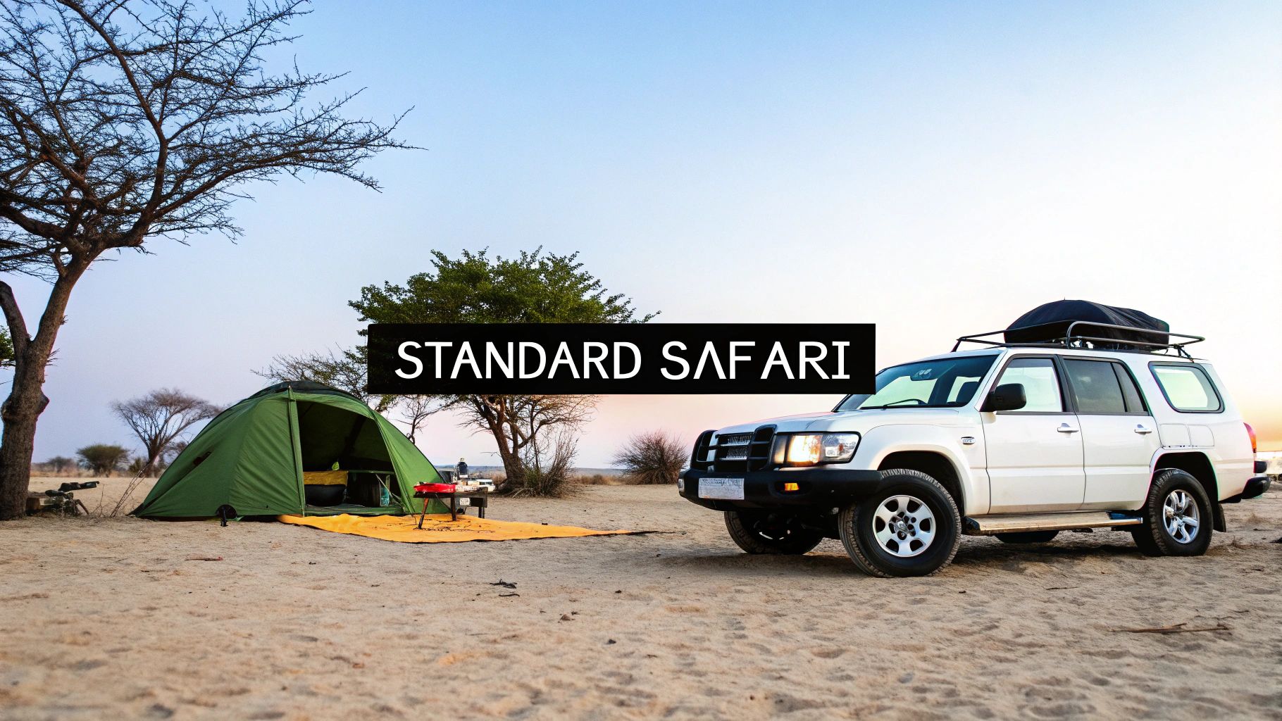 A white SUV and a green tent are set up on sandy ground for a standard desert safari.