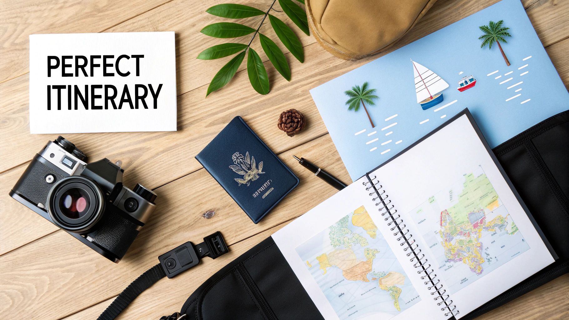 A flat lay of travel essentials including a 'PERFECT ITINERARY' sign, camera, passport, and maps.