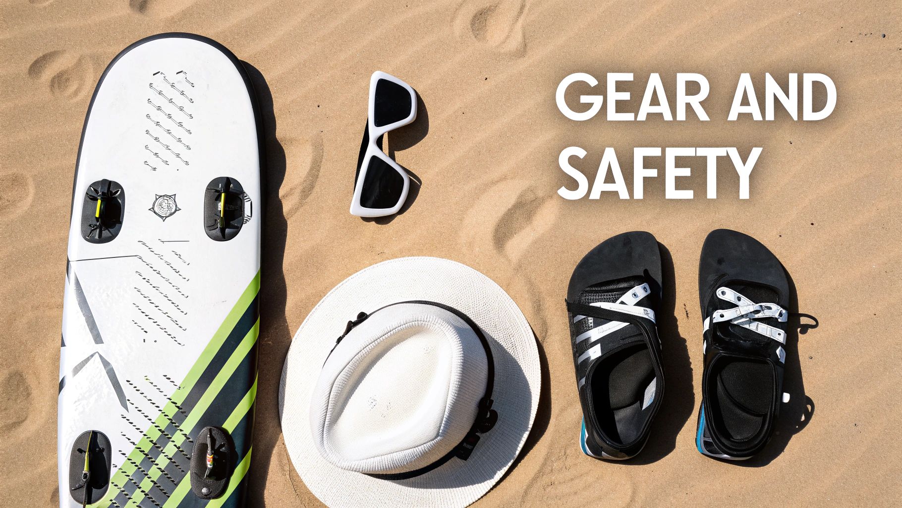 Surfboard, sunglasses, hat, and water shoes on sand next to 'GEAR AND SAFETY' text.