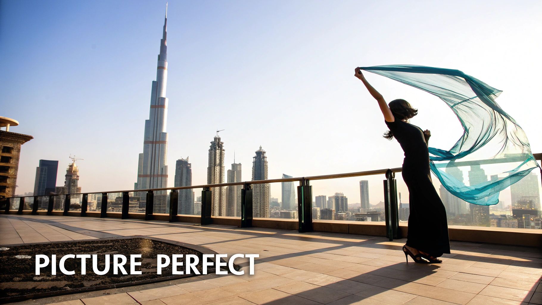 A woman in a black dress holding a flowing blue scarf on a balcony overlooking the Burj Khalifa.