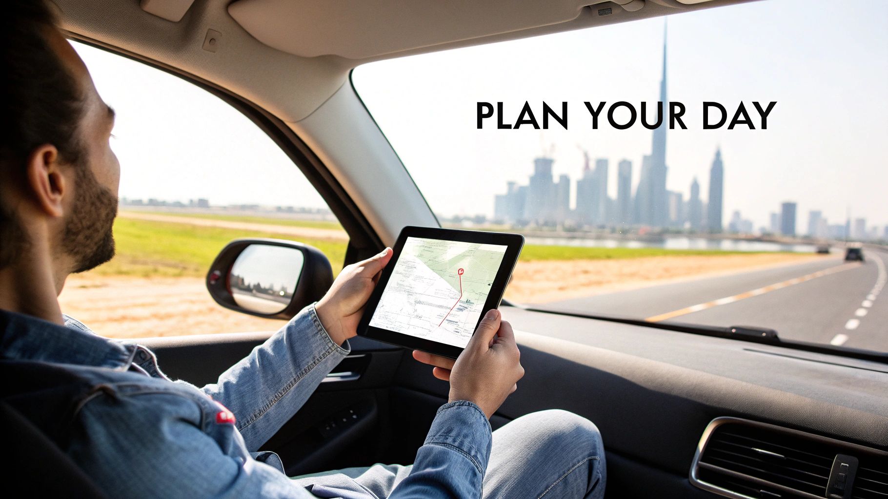 Man in car planning a day trip using a tablet navigation app with a city skyline.