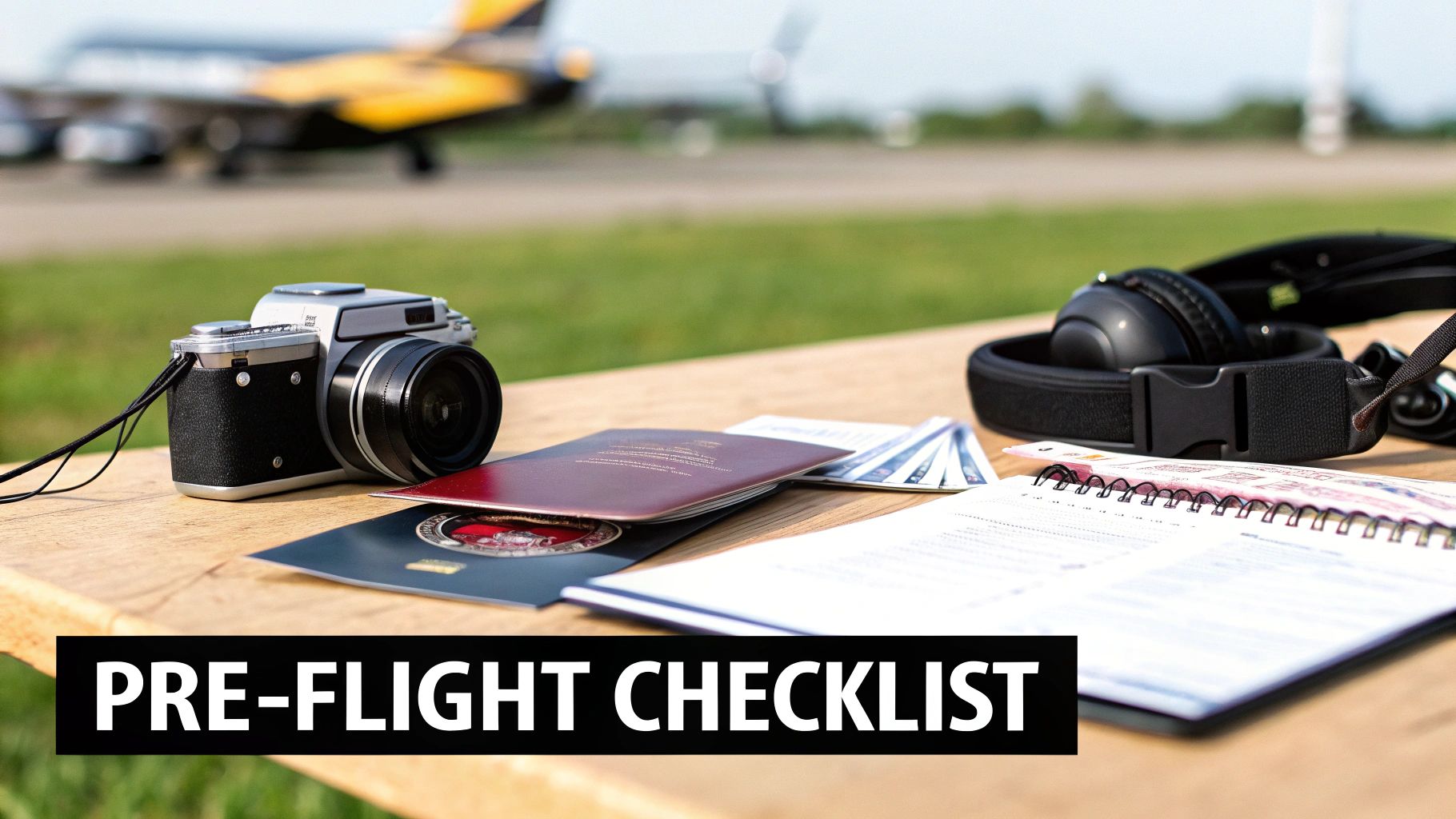 Travel essentials including a camera, passports, headphones, and a pre-flight checklist on a wooden table with an airplane in the background.