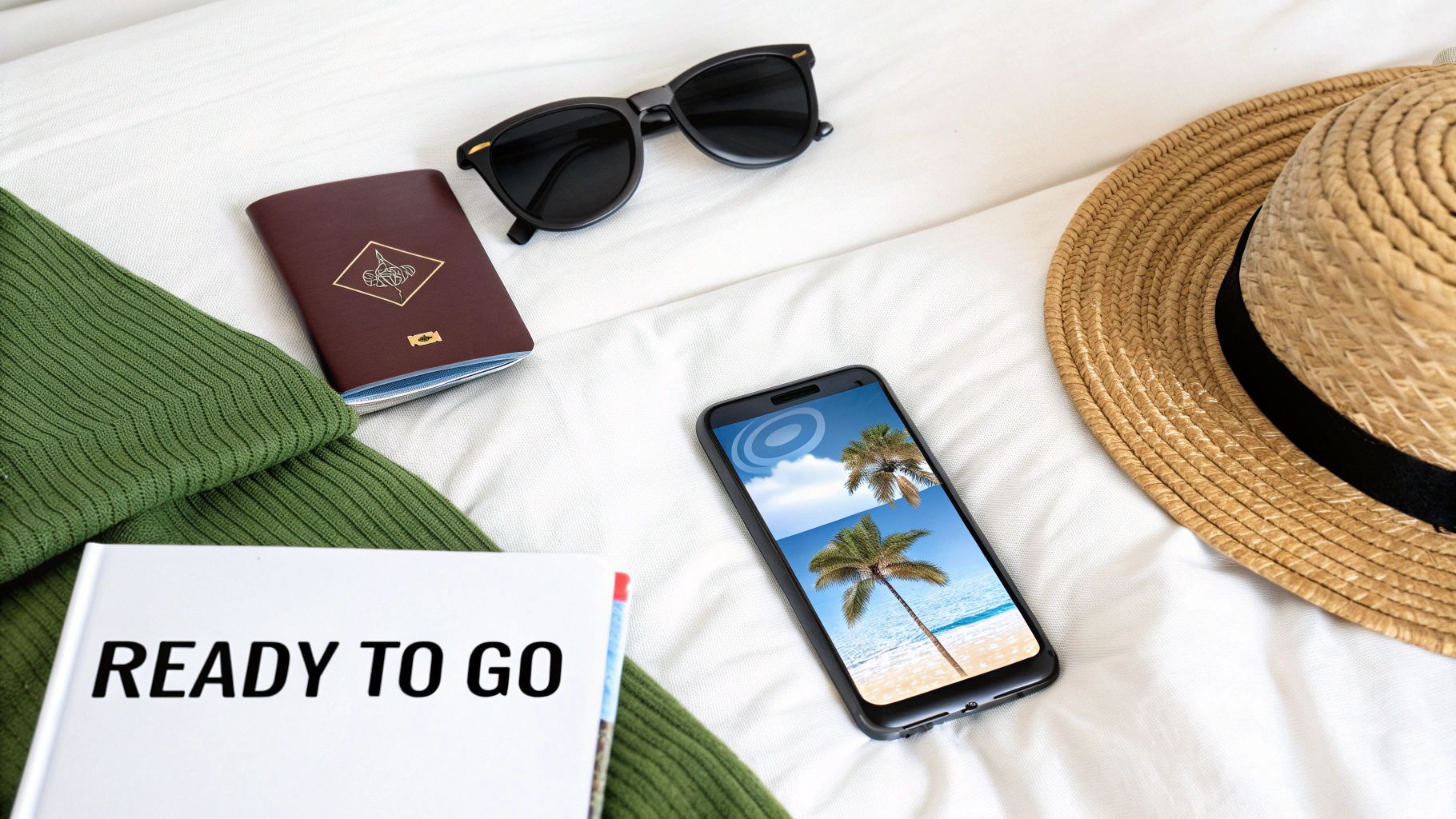 Travel essentials laid out on a white bed, including a passport, sunglasses, phone, and hat, ready for vacation.