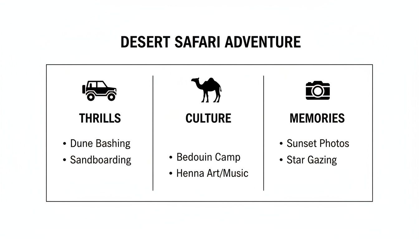An infographic detailing a desert safari adventure with thrills, cultural experiences, and memorable activities.
