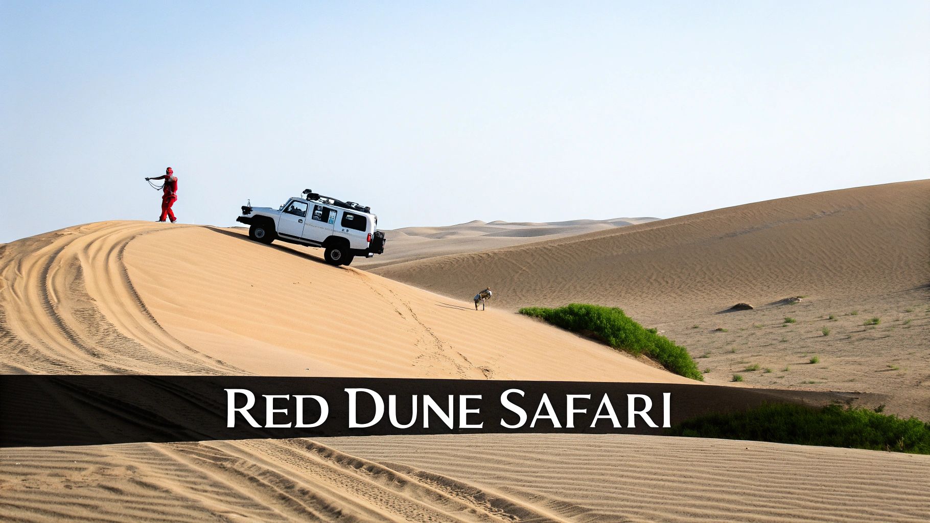 Scenic view of a desert safari with an off-road vehicle, a person, and an animal on sandy dunes.