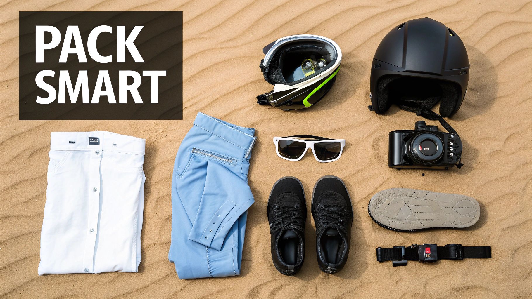 Flat lay of travel gear including helmets, clothing, shoes, camera and accessories on sand