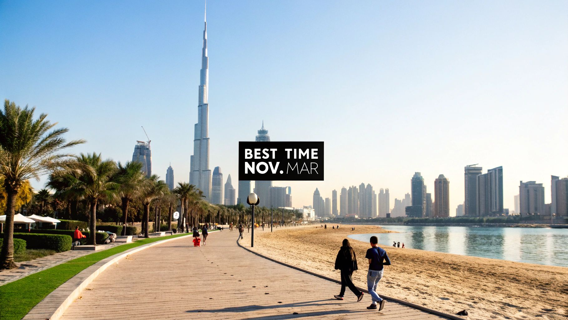 People walk along a scenic Dubai beach promenade with palm trees and the Burj Khalifa in the background.
