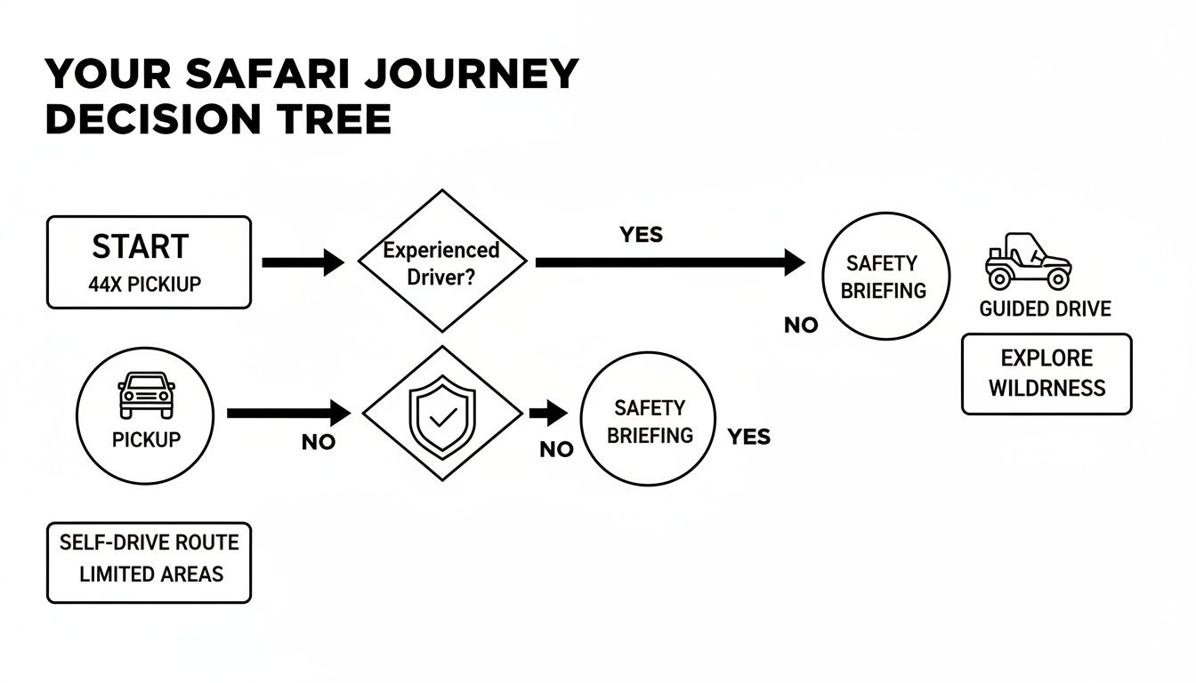 Flowchart outlining a safari journey decision tree, including vehicle choice, driver experience, and safety protocols.