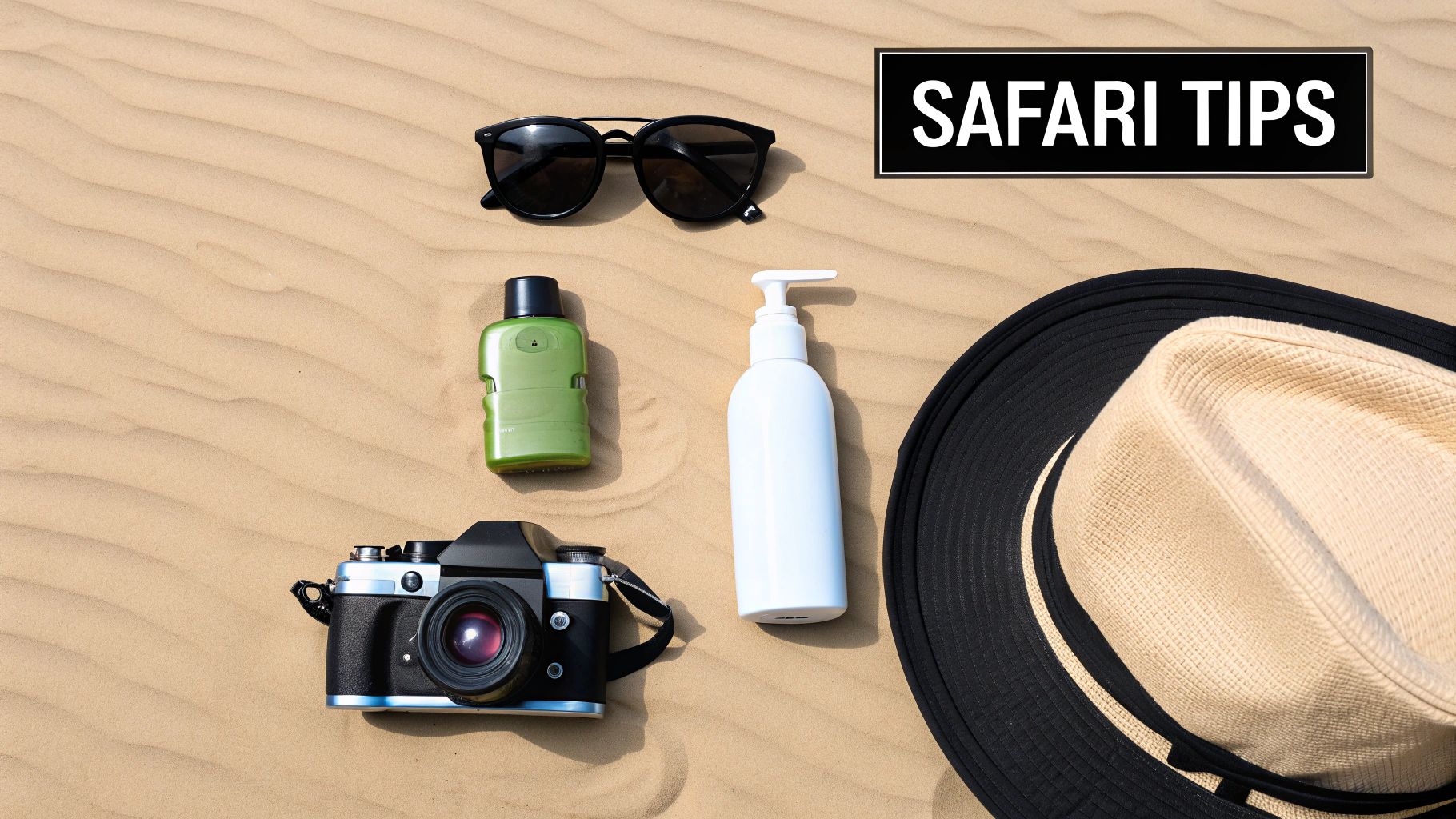 Safari essentials laid out on sand: sunglasses, camera, two lotion bottles, and a hat.