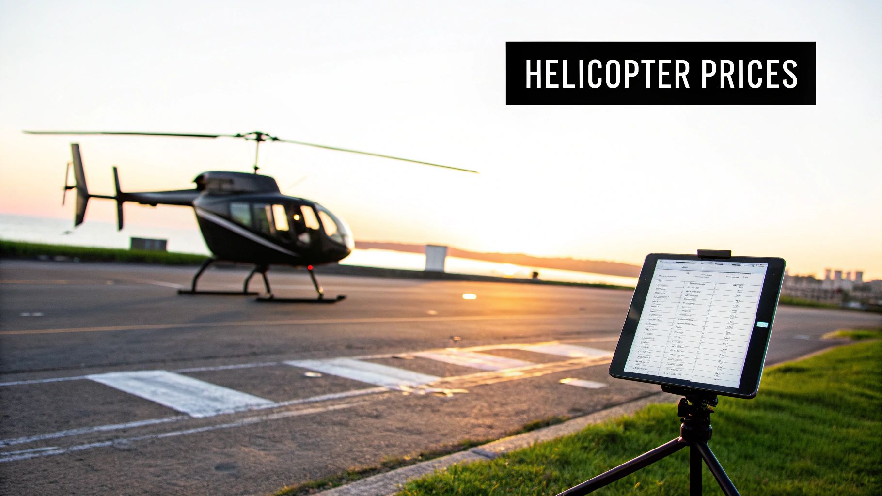A black helicopter on an airfield at sunset, with a tablet displaying helicopter prices.
