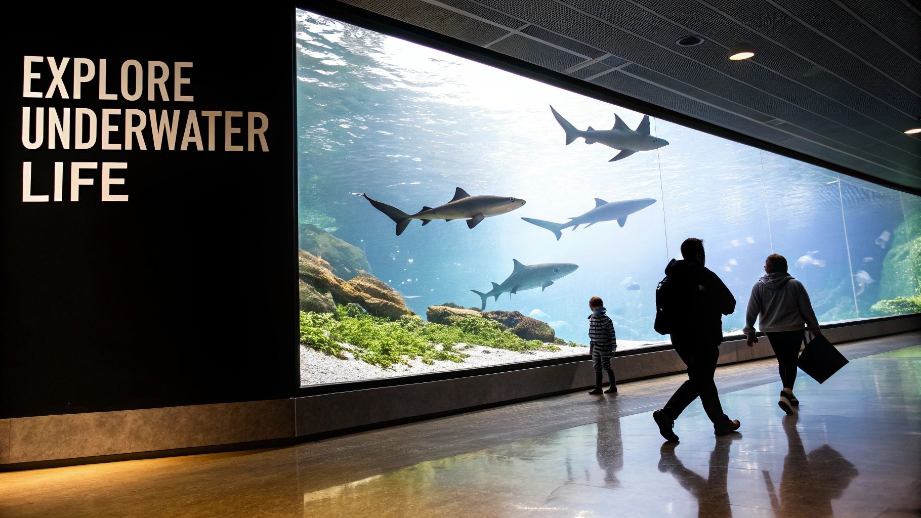 Visitors at an aquarium watching sharks in a large tank with 'Explore Underwater Life' text.
