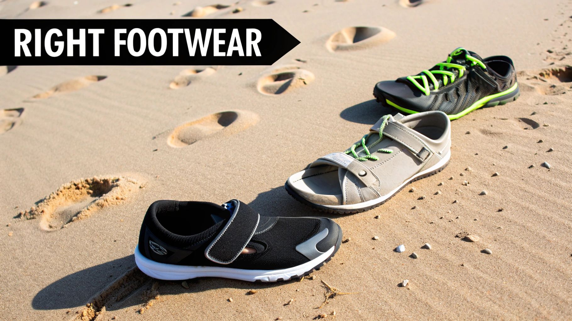 Three types of footwear, including an athletic shoe, sandal, and closed-toe shoe, arranged on a sandy beach with footprints.