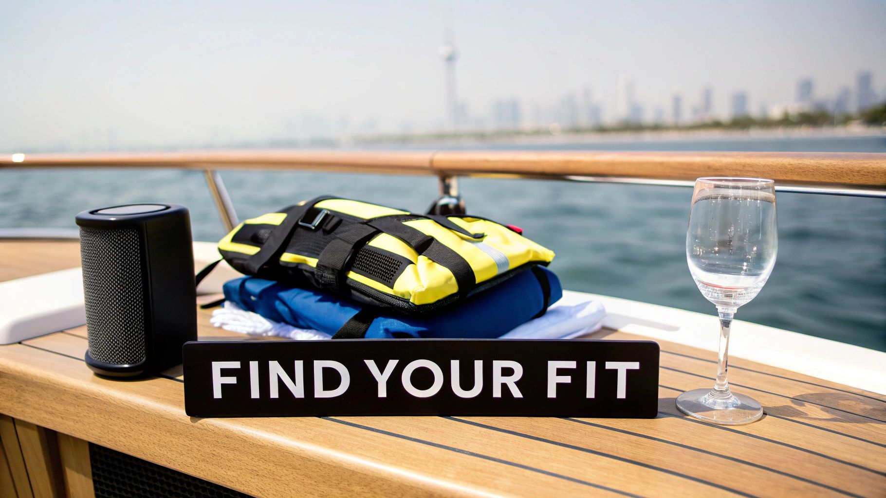 A luxury yacht sailing in Dubai Marina with skyscrapers in the background