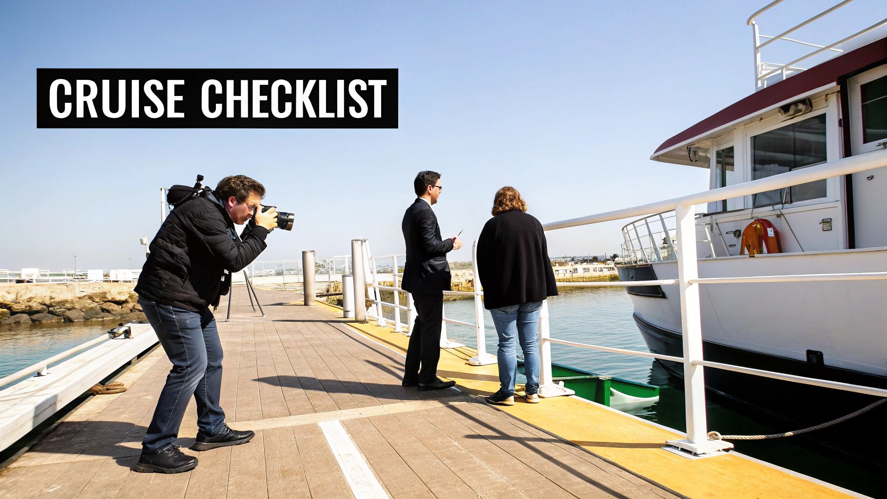 A black banner with "CRUISE CHECKLIST" text above people on a wooden dock next to a boat.