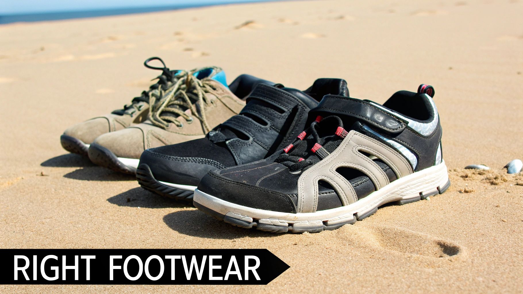 Right footwear for outdoor adventures, showing three pairs of shoes on a sandy beach.