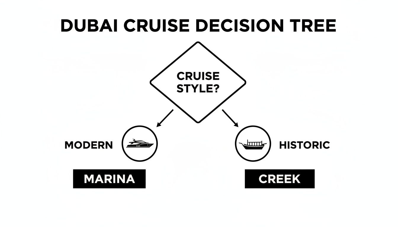 Dubai cruise decision tree flowchart showing options for modern yacht cruises in Marina or historic dhow cruises in Creek.
