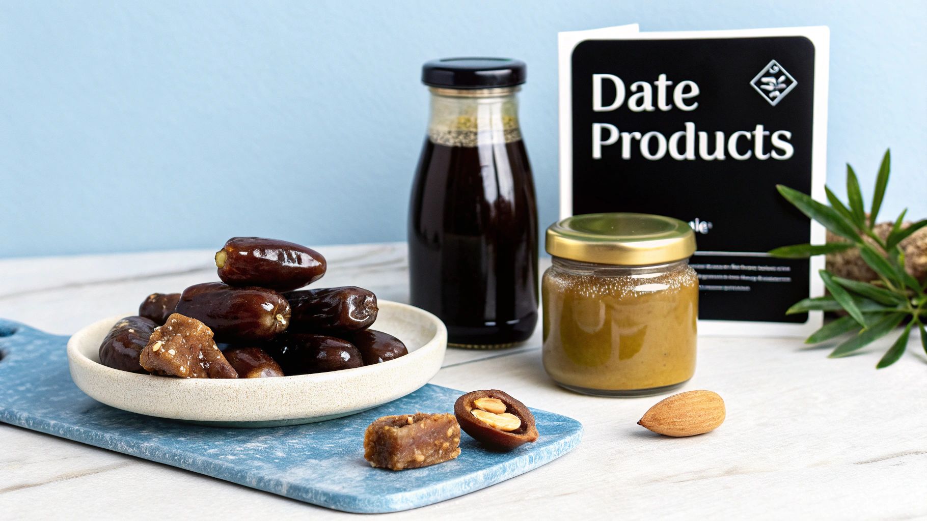 Assorted date products including fresh dates, date syrup, and date paste displayed on white surface