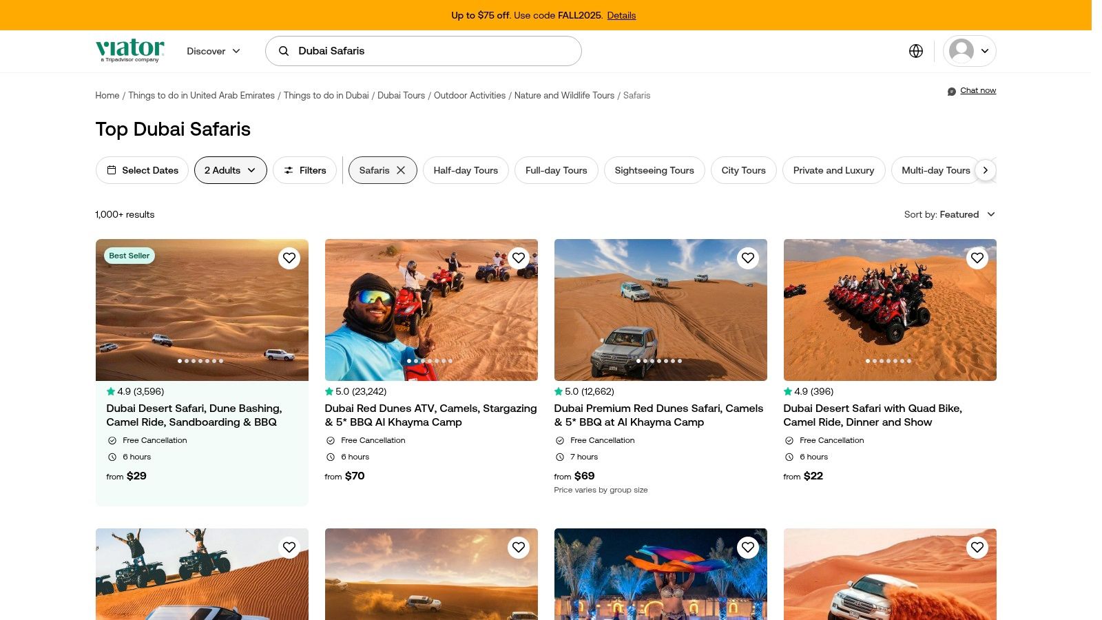 Viator's interface showing a list of Dubai desert safari adventure activities.