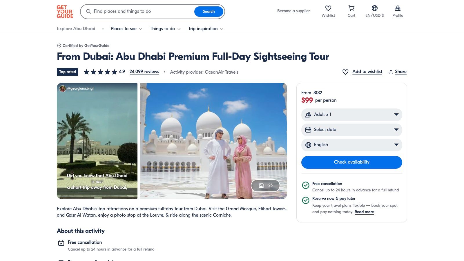 A stunning view of the Sheikh Zayed Grand Mosque, a highlight of many Abu Dhabi day tours.