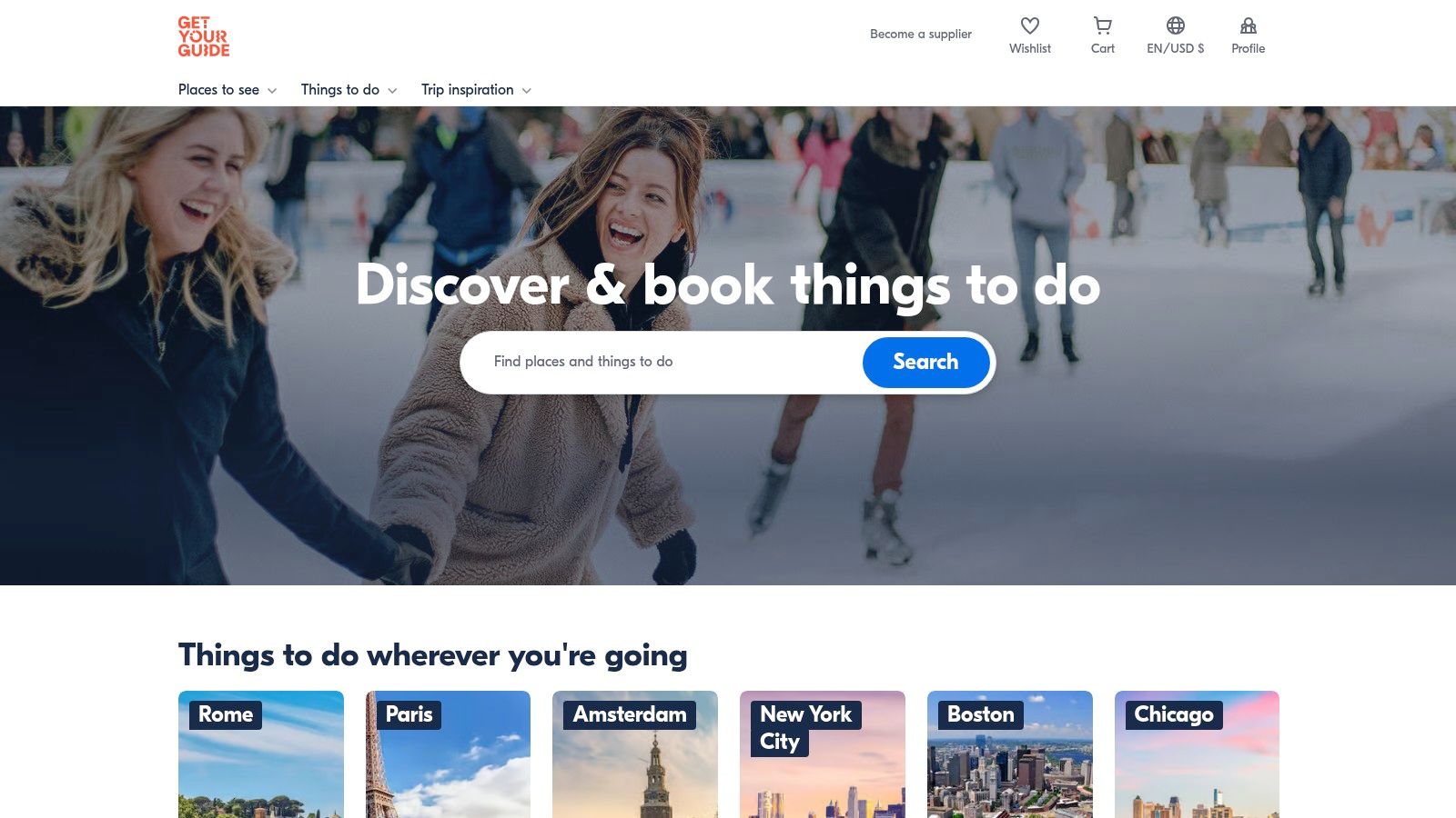 A screenshot of the GetYourGuide website showcasing various adventure travel activities available in Dubai, such as desert safaris and boat tours.