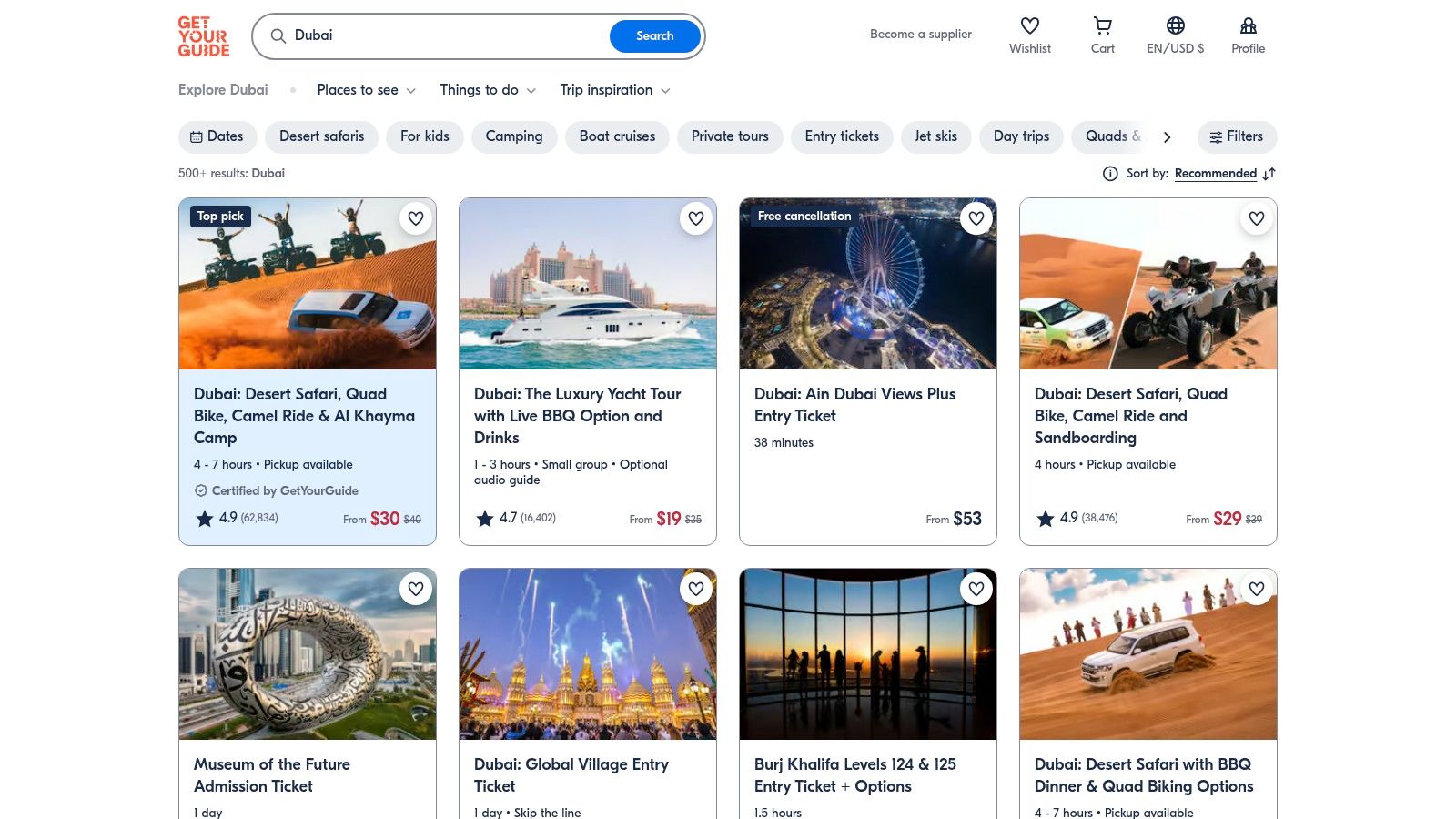 GetYourGuide website showing various Dubai tours and activities