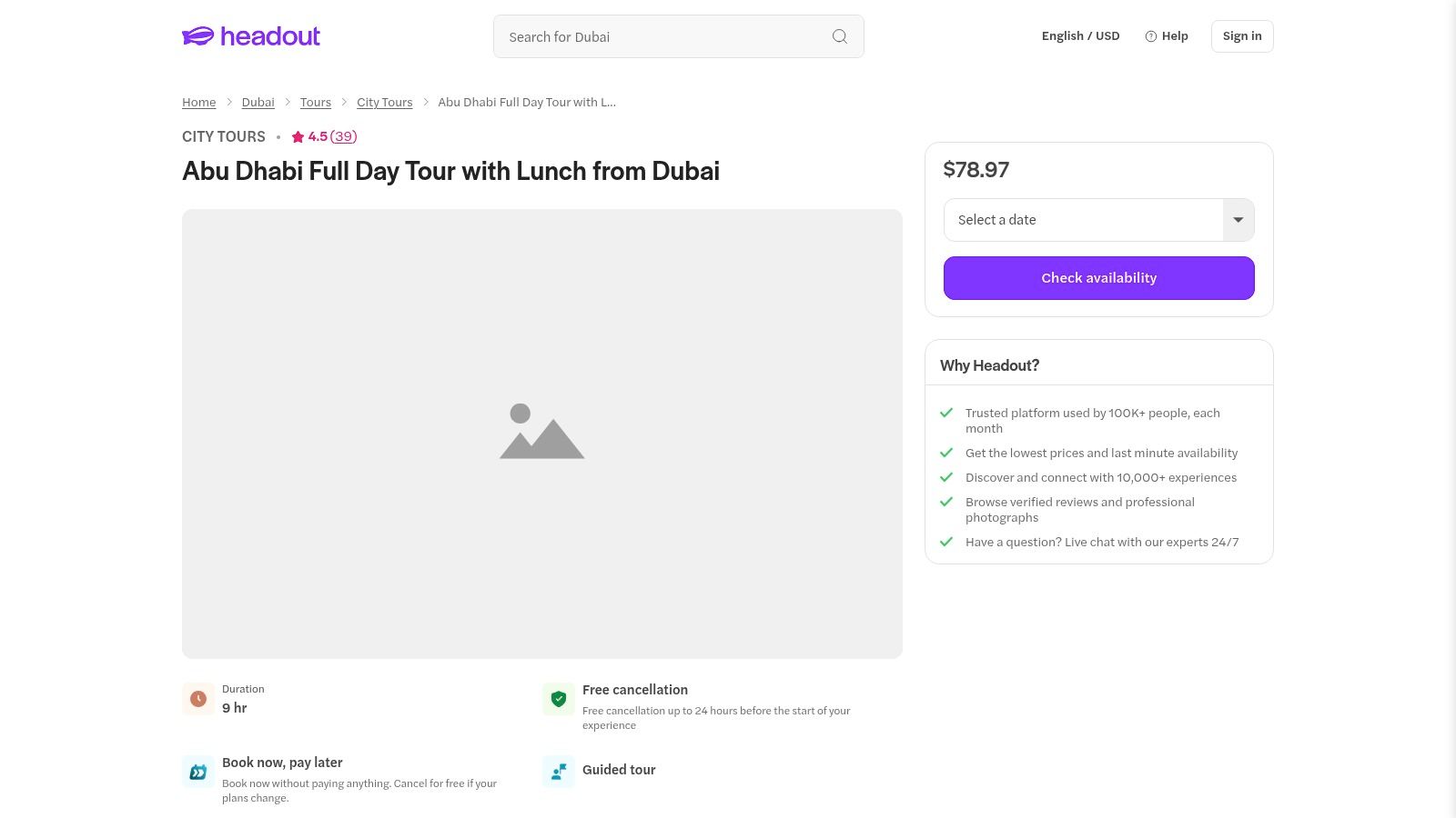 A clear tour listing on the Headout platform, showcasing inclusions for an Abu Dhabi tour from Dubai.