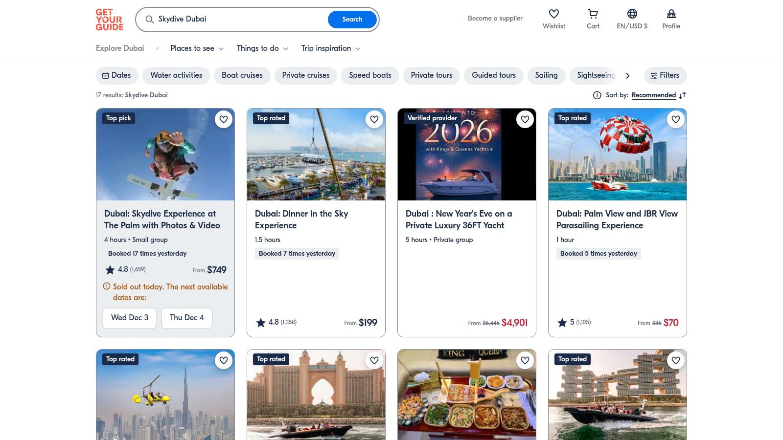 GetYourGuide's mobile-friendly interface showing search results for adventure activities in Dubai.