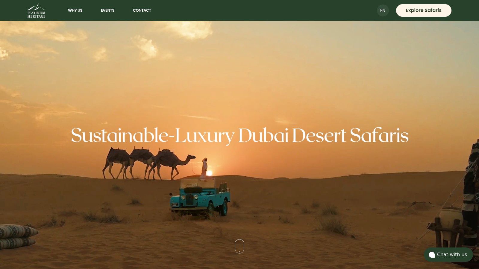 Platinum Heritage website showing a vintage Land Rover desert safari experience