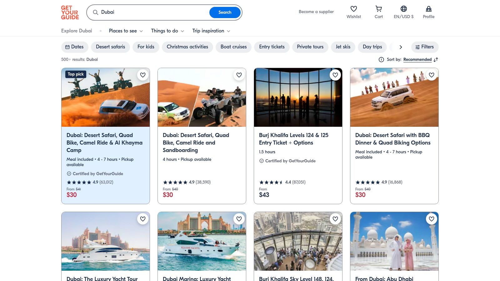 The GetYourGuide website showing various desert safari options in Dubai