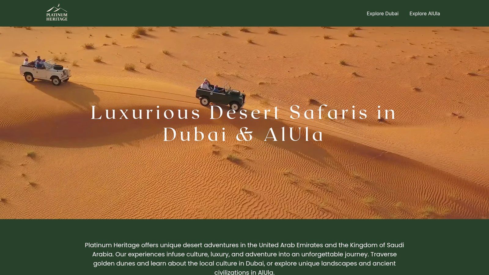 A fleet of vintage Land Rovers from Platinum Heritage ready for a desert safari in Dubai