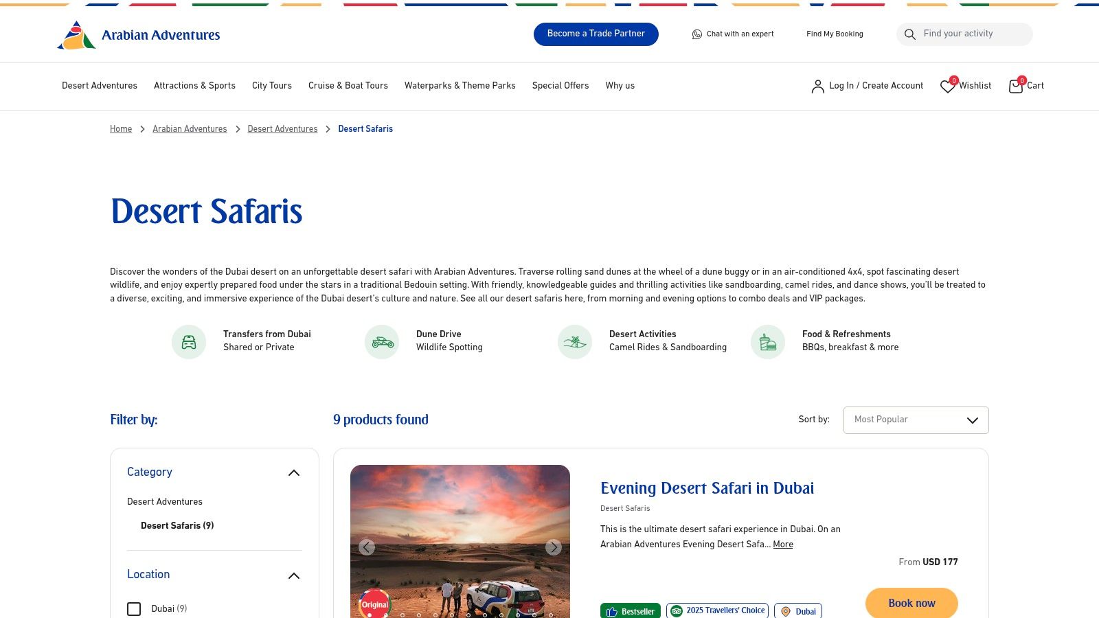 Arabian Adventures' website showcasing a desert safari with camels.