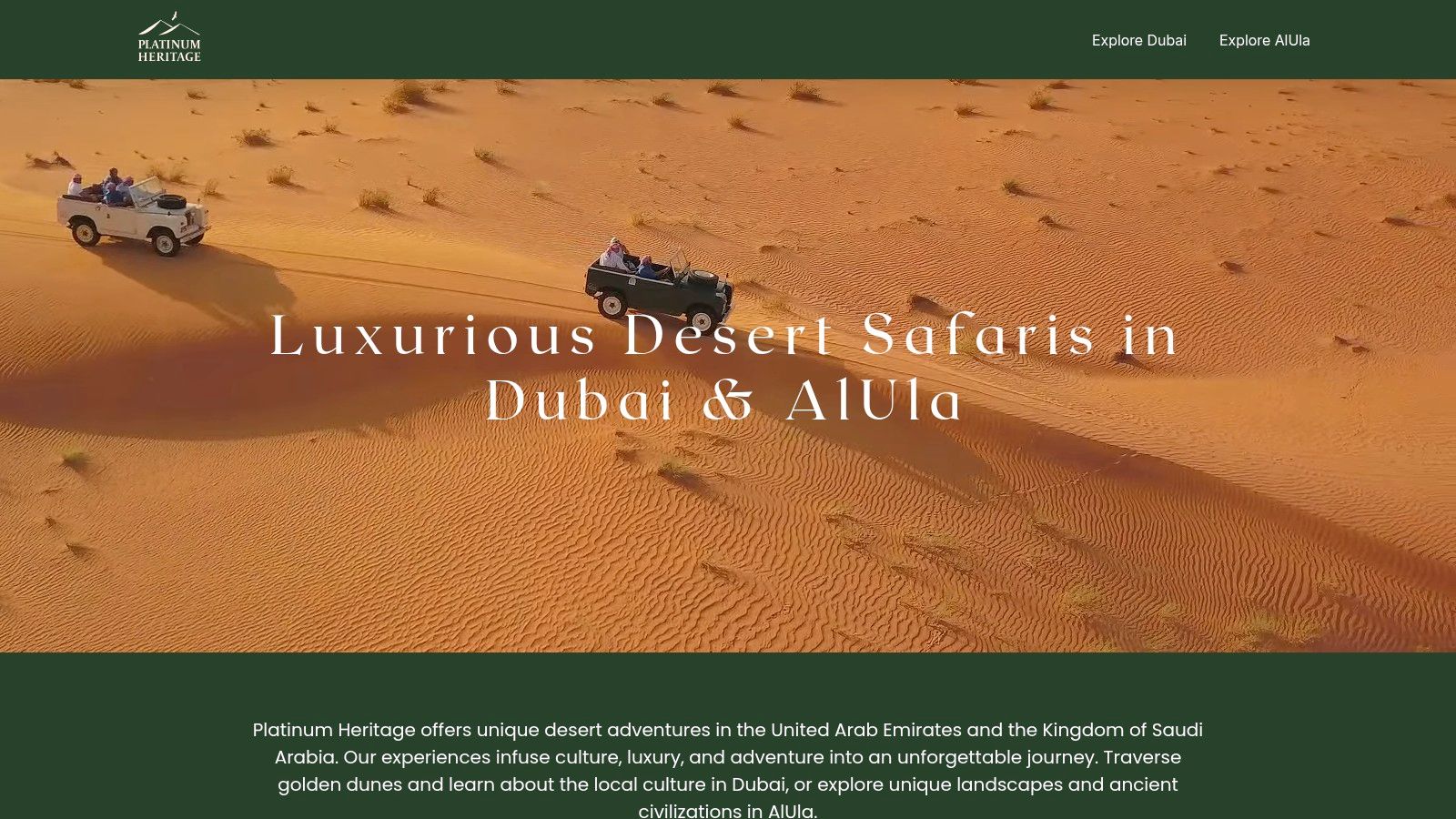 A fleet of vintage Land Rovers from Platinum Heritage ready for a desert safari, highlighting a unique adventure travel experience in Dubai.