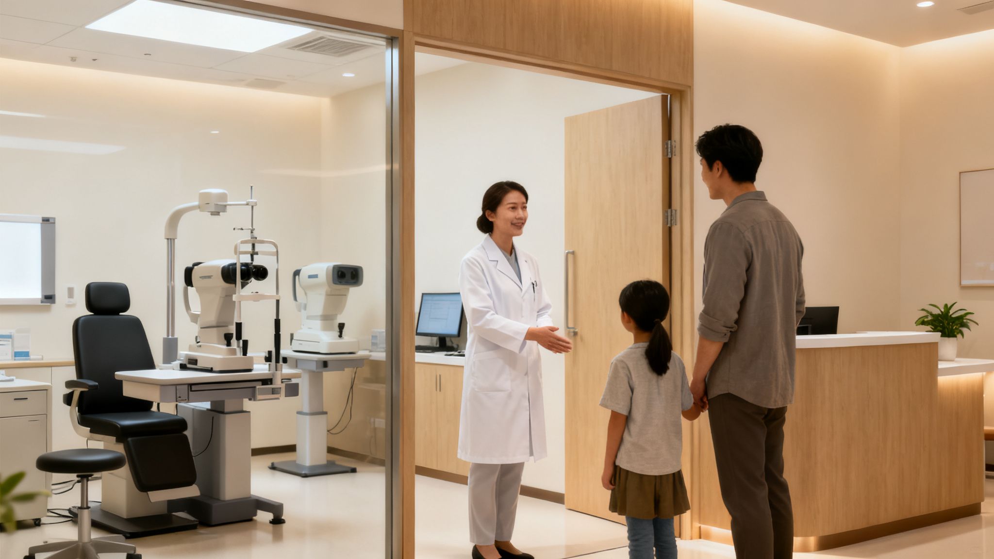 Una doctora recibe sonriente a un padre y su hija en una clínica de oftalmología para un examen de la vista.