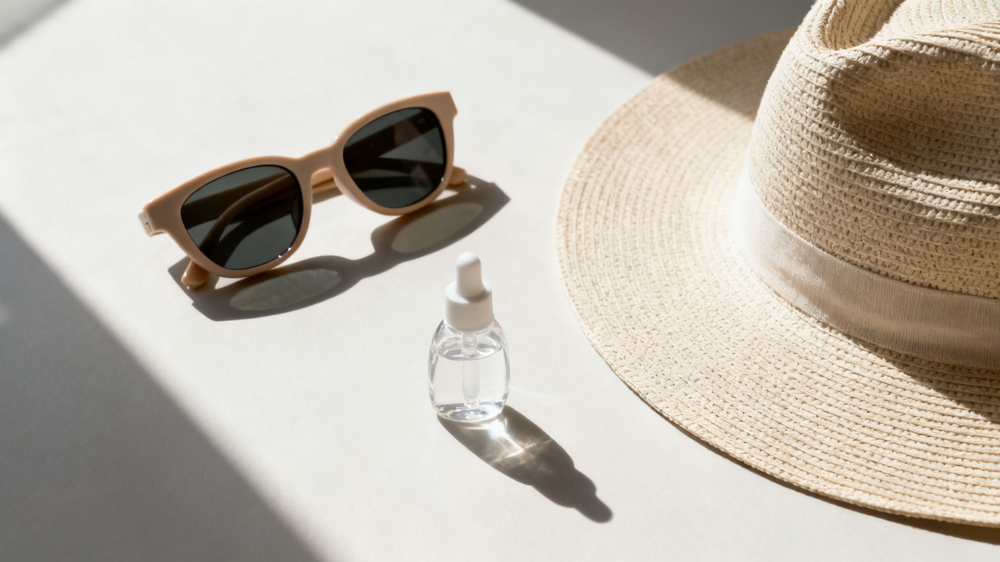 Gafas de sol, sombrero de paja y botella de suero sobre fondo claro con sombras, esenciales de verano.